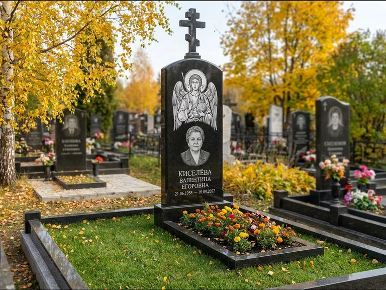 Памятник с гравировкой иконы — образ в полный рост на обороте стелы, работа «Гущин» в Волгограде