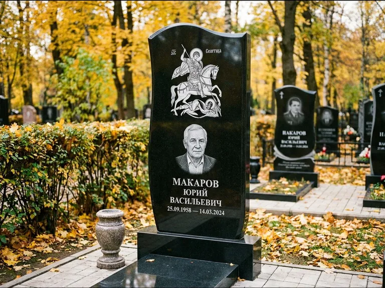Памятник с гравировкой иконы — икона над портретом усопшего, работа «Раевская» в Волгограде