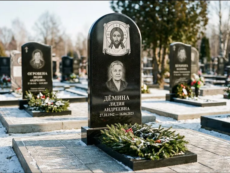 Памятник с гравировкой иконы — икона Спаса Вседержителя над именем усопшего, работа «Ковалёв» в Волгограде