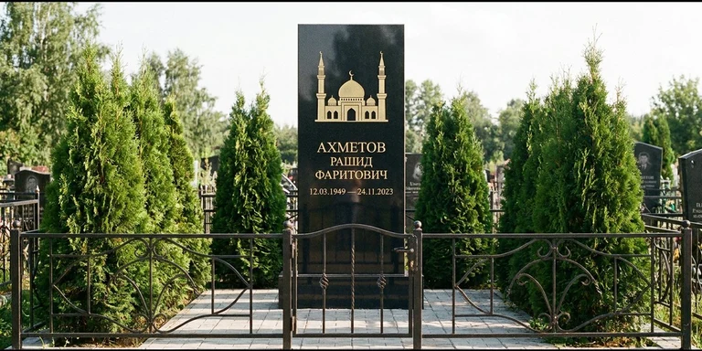 Гравировка мечети на памятник в Волгограде — стела из чёрного гранита, оформление по канонам ислама