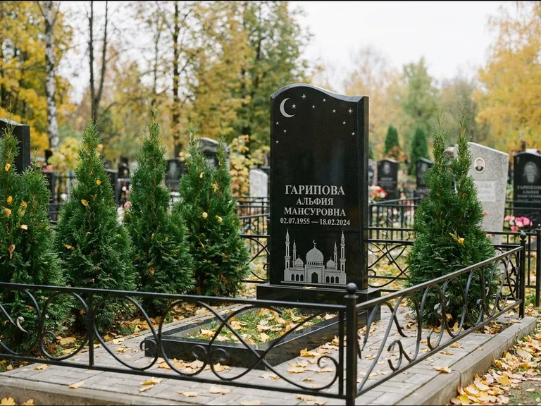 Мусульманский памятник с гравировкой мечети — мечеть с луной в ночном небе, работа «Гарипова» в Волгограде