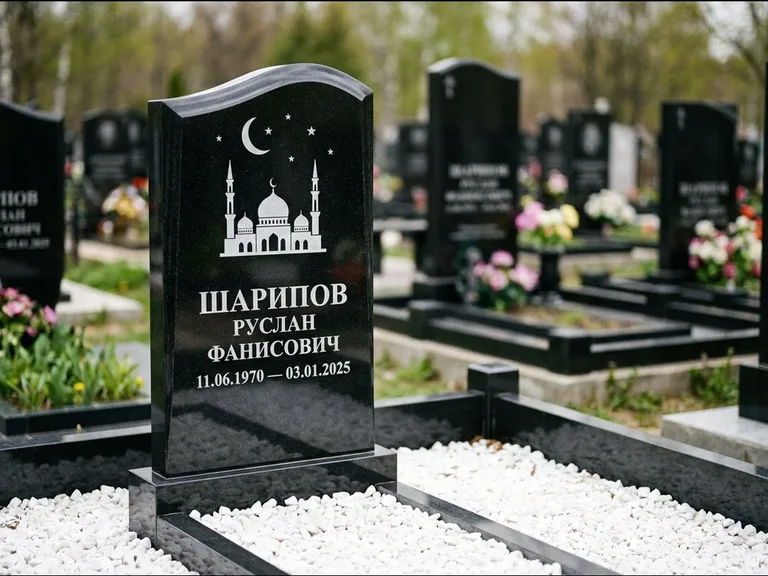 Мусульманский памятник с гравировкой мечети: стела с волнообразным скошенным верхом — гравировка мечети под полумесяцем и звёздами, белая мраморная крошка с бордюром, работа «Шарипов» в Волгограде