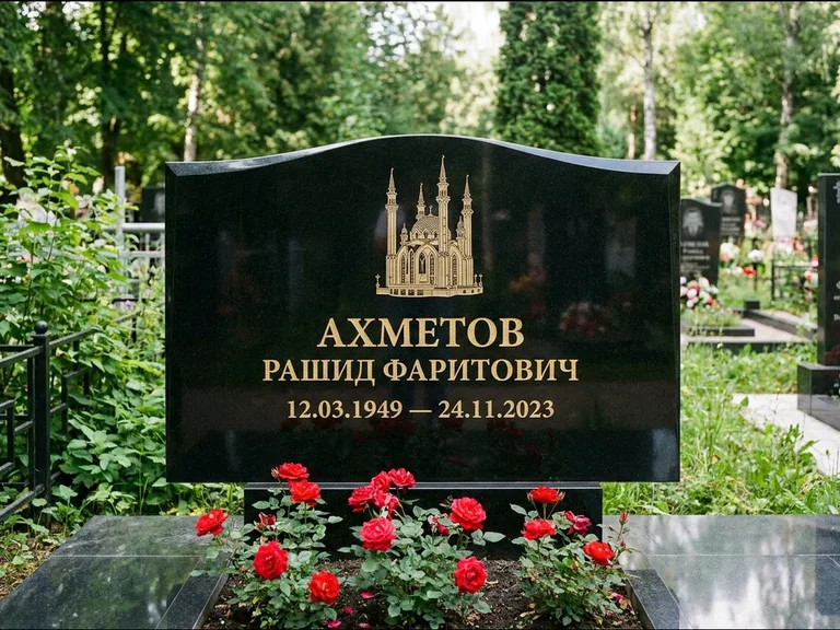 Мусульманский памятник с гравировкой мечети: широкая двойная семейная стела — золочёная гравировка мечети, цветник с красными розами, работа «Ахметов» в Волгограде