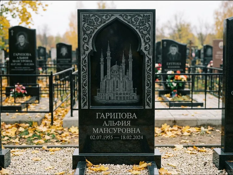 Мусульманский памятник с гравировкой мечети: фигурная стела с михраб-нишей — гравировка мечети в михраб-арке с орнаментом, светлая гравийная отсыпка, работа «Гарипова» в Волгограде