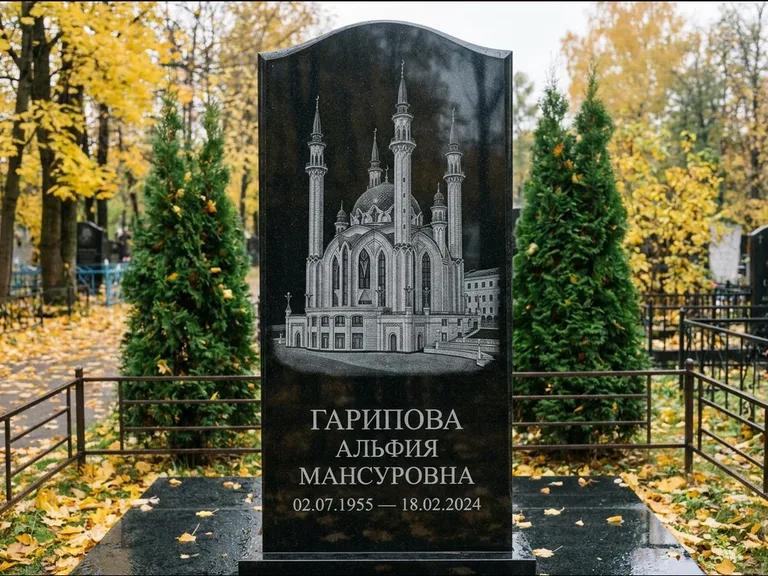 Мусульманский памятник с гравировкой мечети — мечеть Кул-Шариф на обороте стелы, работа «Гарипова» в Волгограде