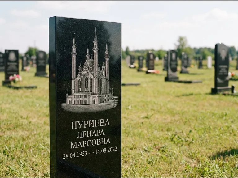 Мусульманский памятник с гравировкой мечети: узкая вертикальная стела-пилон — гравировка мечети в михраб-арке с орнаментом, открытая лужайка без ограды, работа «Хайруллина» в Волгограде