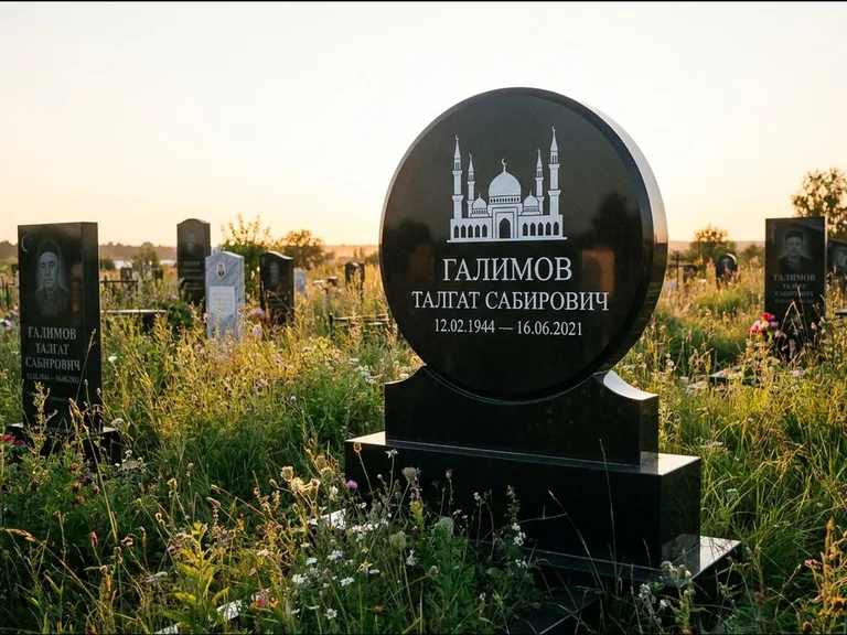 Мусульманский памятник с гравировкой мечети: округлая стела-медальон на тумбе — гравировка мечети в михраб-арке с орнаментом, луговые травы и полевые цветы, работа «Каримов» в Волгограде