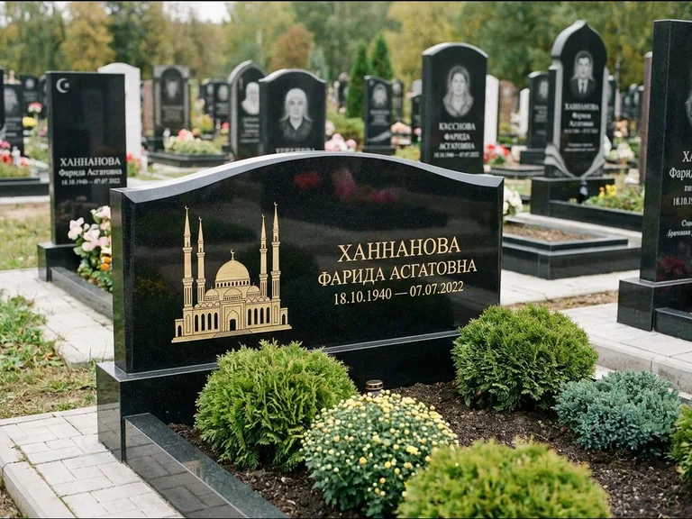Мусульманский памятник с гравировкой мечети: вытянутая горизонтальная семейная стела с аркой — белая гравировка силуэта мечети с минаретами, участок с декоративными кустами, работа «Гарипова» в Волгограде