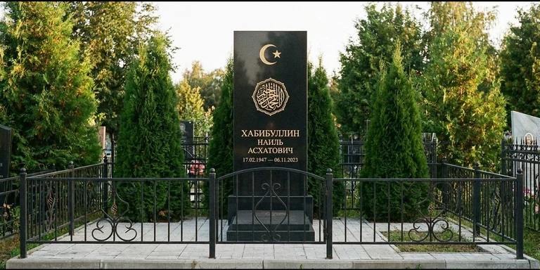 Гравировка на мусульманском памятнике в Волгограде — стела из чёрного гранита, оформление по канонам ислама