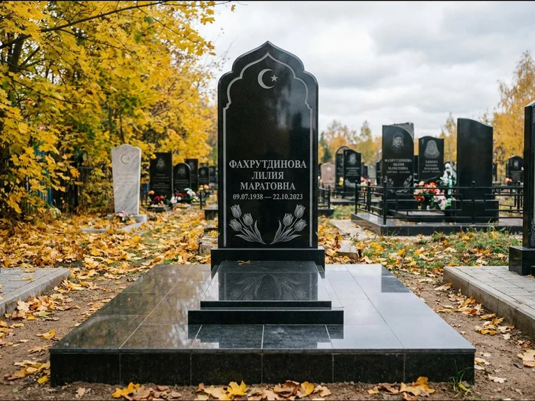 Мусульманский памятник: стела с михраб-навершием в форме арки — гравировка минарета с полумесяцем, гранитный цоколь с тёмной плиткой, работа «Фахрутдинова» в Волгограде
