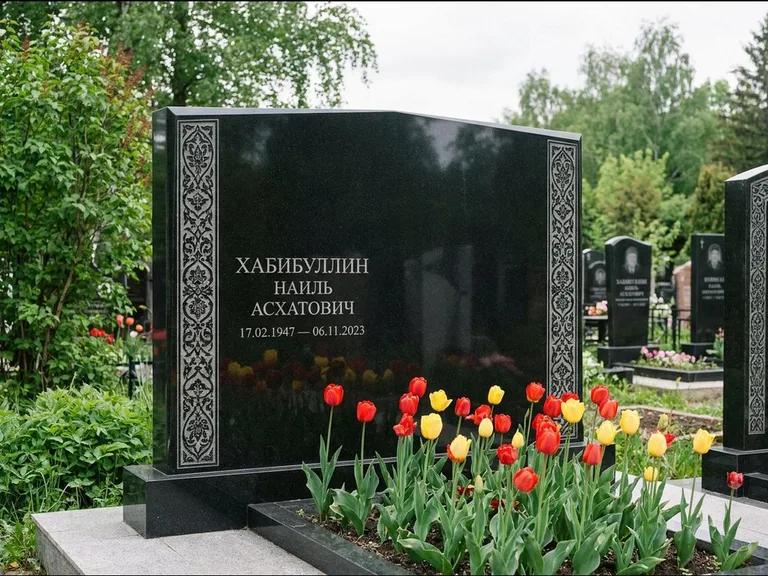 Мусульманский памятник: широкая двойная семейная стела — золочёная гравировка мечети, цветник с тюльпанами, работа «Хабибуллин» в Волгограде