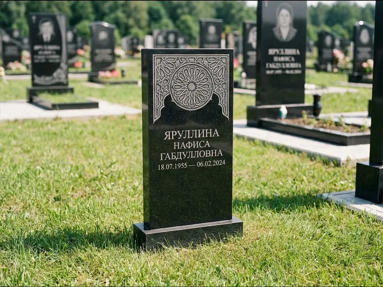 Мусульманский памятник: небольшая скромная невысокая стела — золочёная гравировка мечети, аккуратный участок с газоном, работа «Фахрутдинова» в Волгограде