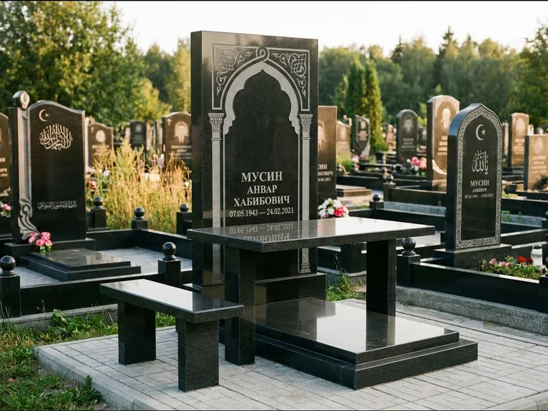 Мусульманский памятник: стела с гранитным столиком и скамьёй — гравировка мечети под полумесяцем и звёздами, семейный участок с плиткой, работа «Гимаев» в Волгограде