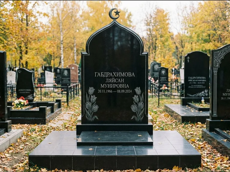 Мусульманский памятник: массивная стела с михраб-навершием — белая гравировка силуэта мечети с минаретами, цоколь тёмной плиткой, работа «Магомедова» в Волгограде