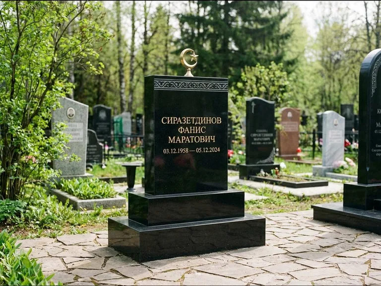 Мусульманский памятник: ступенчатая трёхуровневая стела — золочёная гравировка мечети, дорожка из природного плитняка, работа «Мустафин» в Волгограде