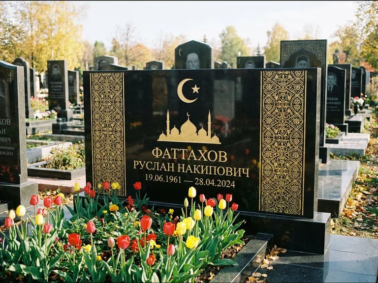 Мусульманский памятник: широкая панорамная стела с золочёным орнаментом — гравировка минарета с полумесяцем, цветник с тюльпанами, работа «Сулейманов» в Волгограде