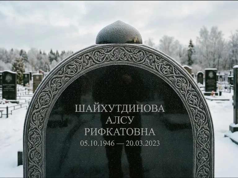 Мусульманский памятник: полукруглая стела с купольным навершием — гравировка мечети под полумесяцем и звёздами, заснеженный зимний участок, работа «Ганиева» в Волгограде