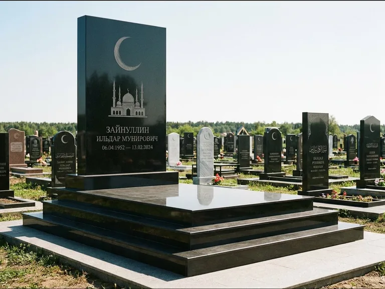 Мусульманский памятник: массивная стела на ступенчатом постаменте — гравировка мечети под полумесяцем и звёздами, гранитная площадка без ограды, работа «Хабибуллин» в Волгограде