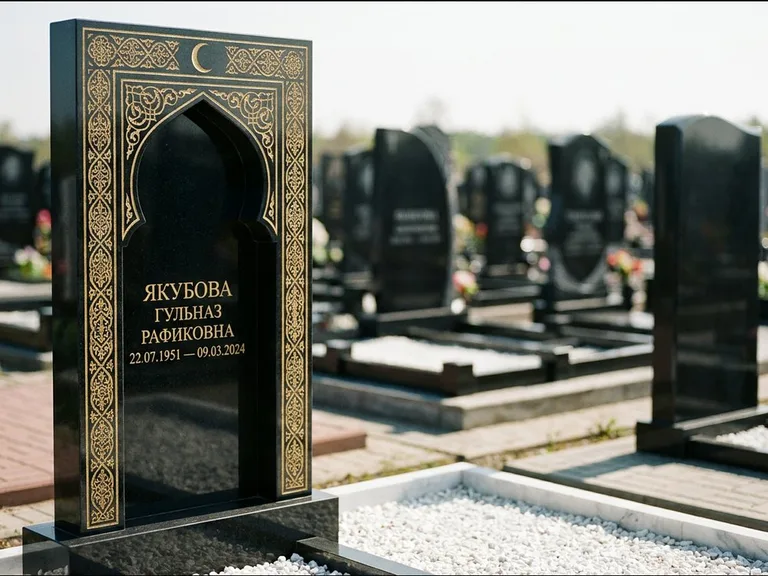 Мусульманский памятник: стела в форме михраба с глубокой нишей и золочёным орнаментом — детализированная гравировка мечети Кул-Шариф, участок с белой мраморной крошкой, работа «Мустафин» в Волгограде