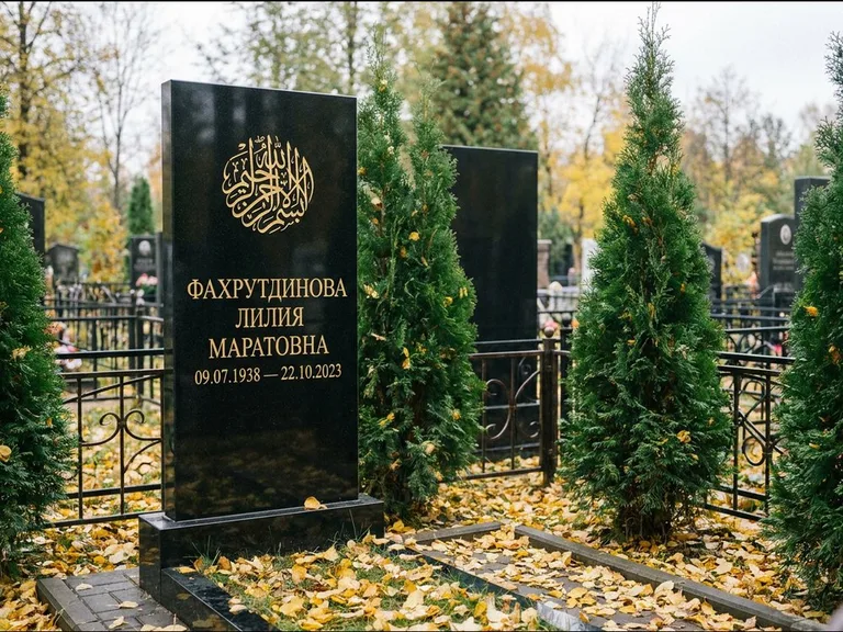 Мусульманский памятник — шахада в верхней части стелы, работа «Фахрутдинова» в Волгограде
