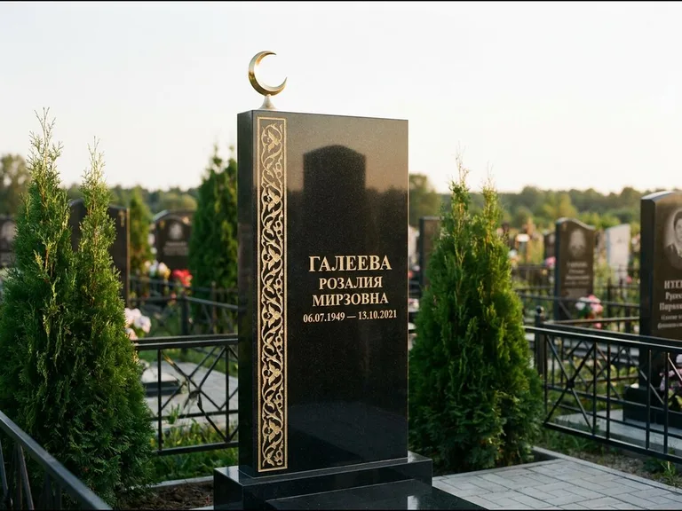 Памятник с гравировкой полумесяца — золочёный полумесяц и колонна растительного орнамента-ислими, работа «Галеева» в Волгограде