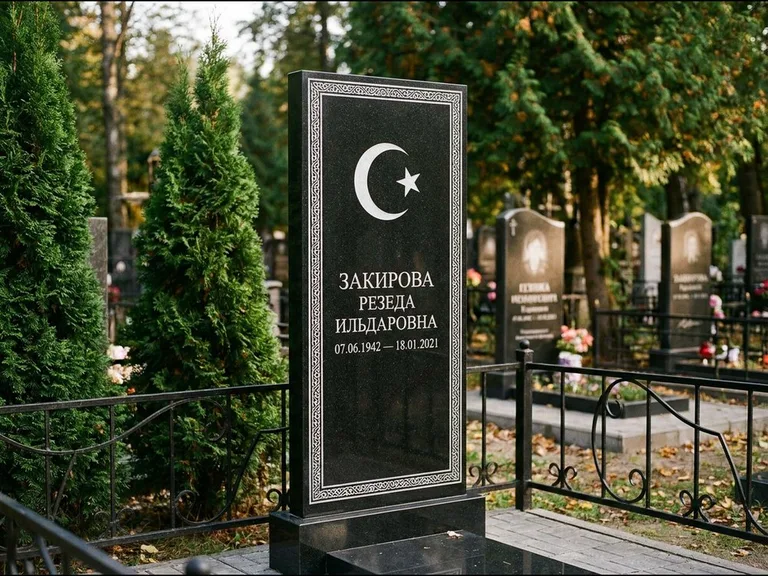 Памятник с гравировкой полумесяца — строгая белая гравировка полумесяца со звездой и орнаменталь, работа «Закирова» в Волгограде