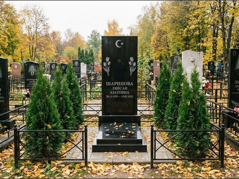 Памятник с гравировкой полумесяца — гравировка полумесяца со звездой и тюльпанами по бокам, работа «Шарипова» в Волгограде