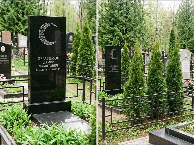 Памятник с гравировкой полумесяца — гравировка полумесяца в геометрическом орнаменте-гирихе, работа «Ибрагимов» в Волгограде