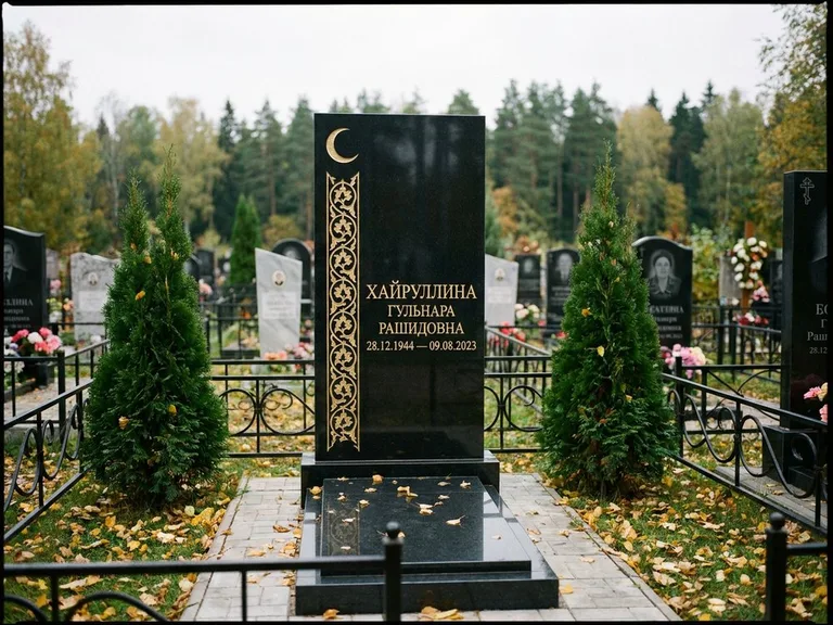 Памятник с гравировкой полумесяца — золочёный полумесяц и колонна растительного орнамента-ислими, работа «Хайруллина» в Волгограде