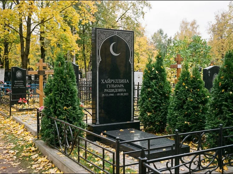 Памятник с гравировкой полумесяца — гравировка полумесяца в восточной арке с орнаментом, работа «Хайруллина» в Волгограде