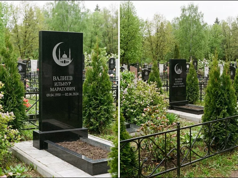 Памятник с гравировкой полумесяца — гравировка полумесяца над силуэтом мечети, работа «Валиев» в Волгограде