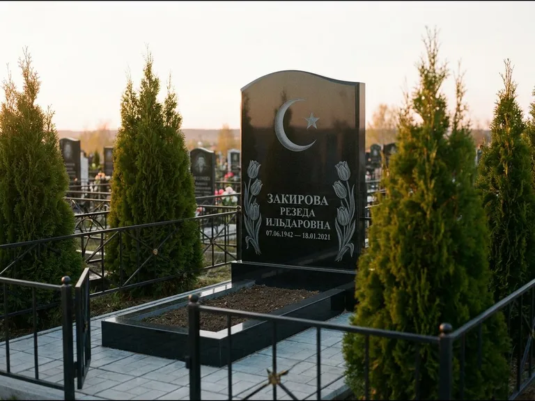 Памятник с гравировкой полумесяца — гравировка полумесяца со звездой и тюльпанами по бокам, работа «Закирова» в Волгограде