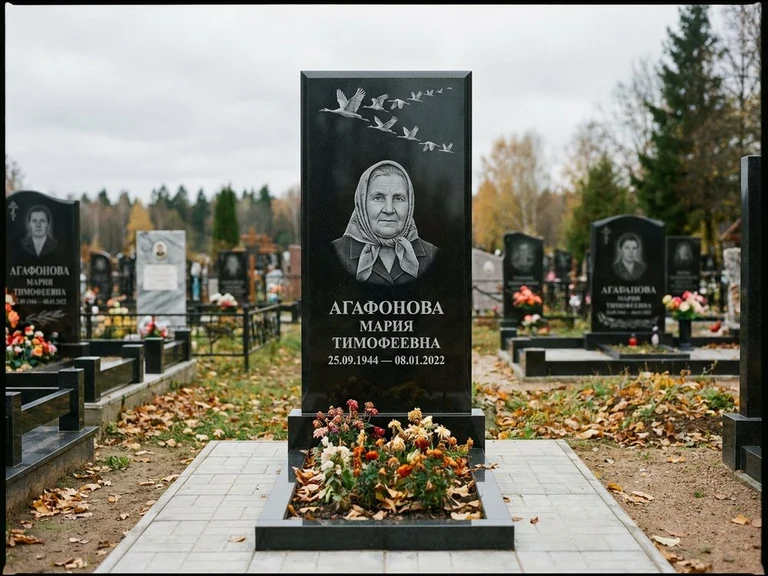 Гравировка журавлей на памятник в Волгограде — памятник из чёрного гранита с гравировкой