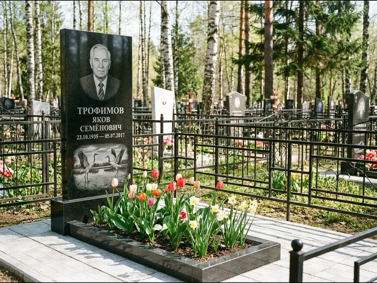 Памятник с гравировкой журавлей — гравировка пары журавлей над гладью озера в нижней части, работа «Трофимов» в Волгограде