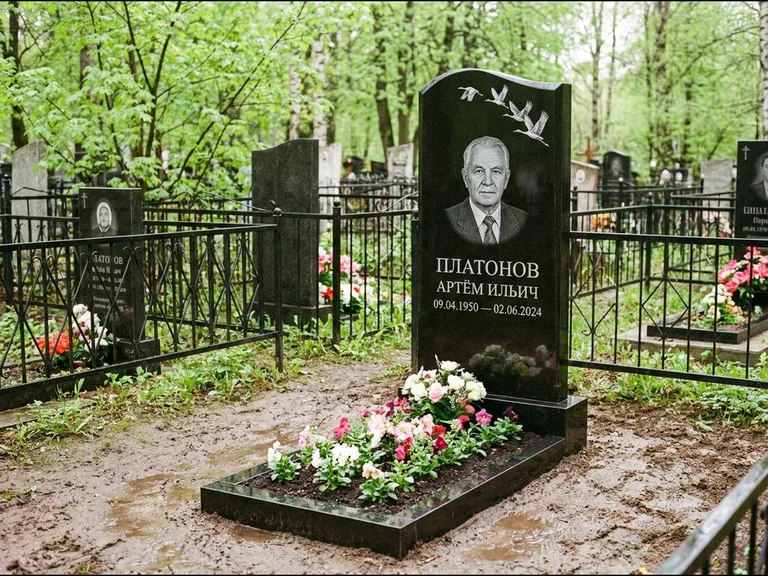Памятник с гравировкой журавлей — белая гравировка клина журавлей, уходящего в верхний угол ст, работа «Платонов» в Волгограде