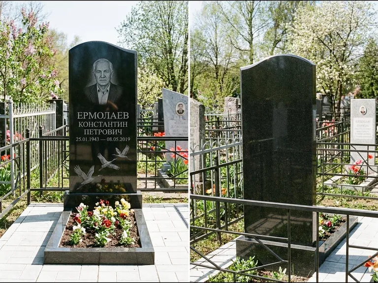 Памятник с гравировкой журавлей — гравировка трёх журавлей по диагонали через свободное поле с, работа «Ермолаев» в Волгограде