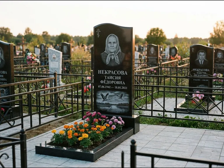 Памятник с гравировкой журавлей — гравировка пары журавлей над гладью озера в нижней части, работа «Некрасова» в Волгограде