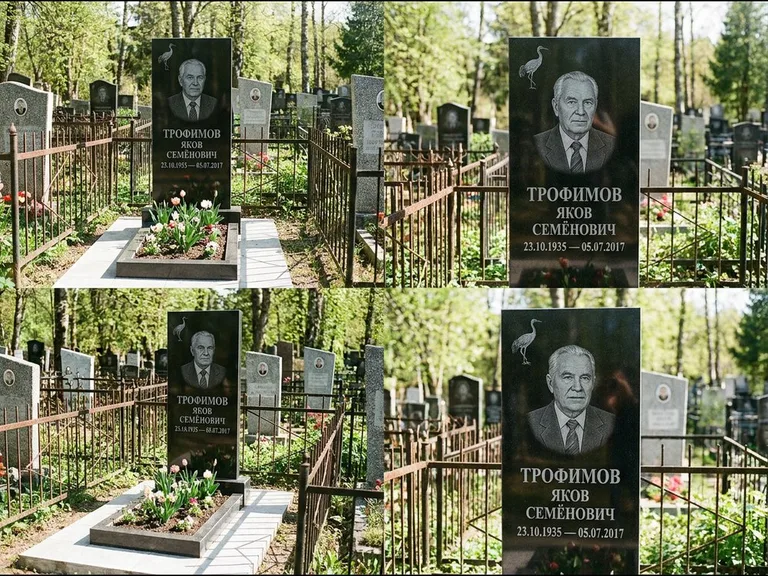 Памятник с гравировкой журавлей — гравировка одиночного летящего журавля над портретом, работа «Трофимов» в Волгограде