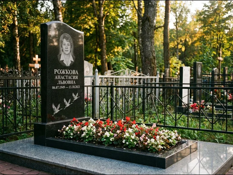 Памятник с гравировкой журавлей — гравировка трёх журавлей по диагонали через свободное поле с, работа «Рожкова» в Волгограде