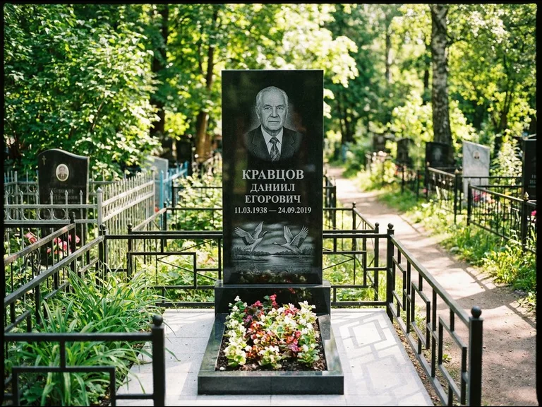 Памятник с гравировкой журавлей — гравировка пары журавлей над гладью озера в нижней части, работа «Кравцов» в Волгограде