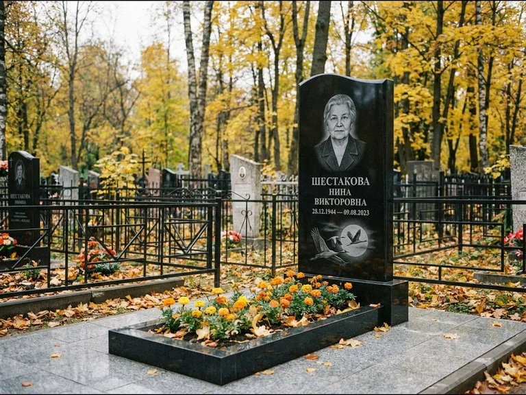Памятник с гравировкой журавлей — гравировка клина журавлей на фоне солнечного диска, работа «Шестакова» в Волгограде