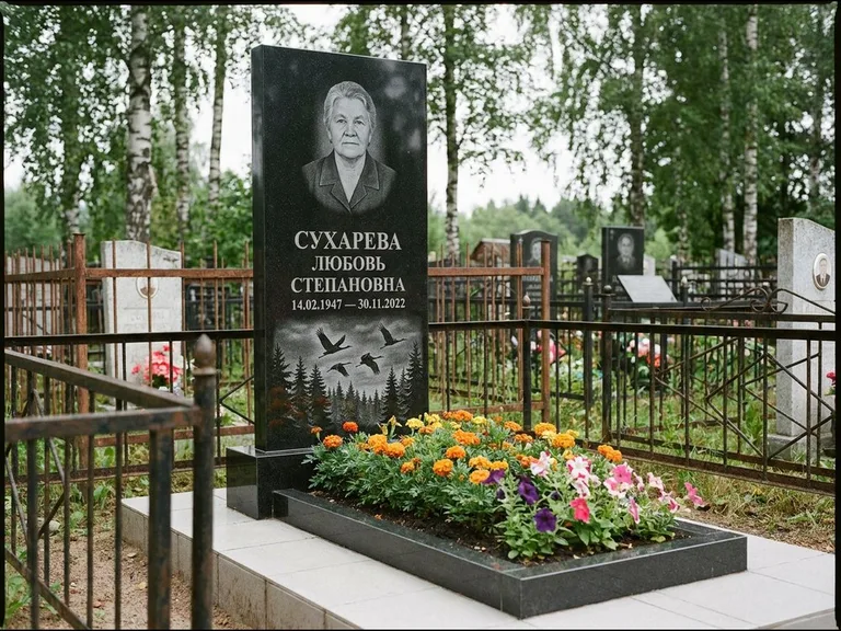 Памятник с гравировкой журавлей — гравировка силуэтов журавлей над еловым лесом, работа «Сухарева» в Волгограде