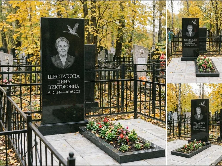Памятник с гравировкой журавлей — гравировка одиночного летящего журавля над портретом, работа «Шестакова» в Волгограде
