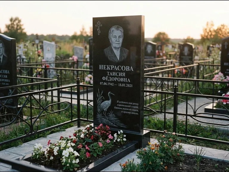 Памятник с гравировкой журавлей — гравировка журавля у камышей рядом с эпитафией, работа «Некрасова» в Волгограде