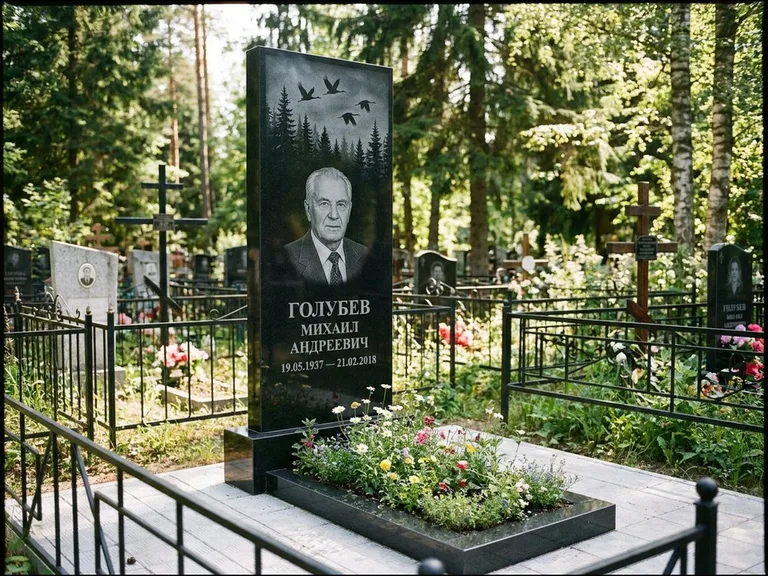 Памятник с гравировкой журавлей — гравировка силуэтов журавлей над еловым лесом, работа «Голубев» в Волгограде