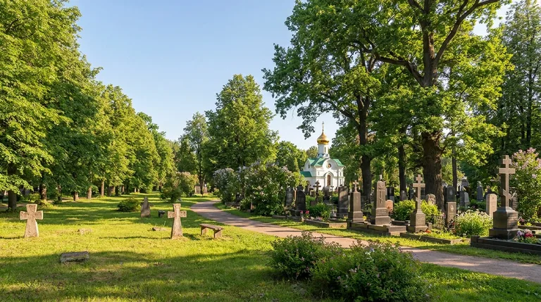 Аллея и старинные надгробия на Преображенском кладбище в Москве
