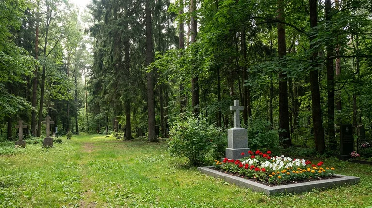 Семейный участок с гранитным памятником на Северном кладбище Новосибирска
