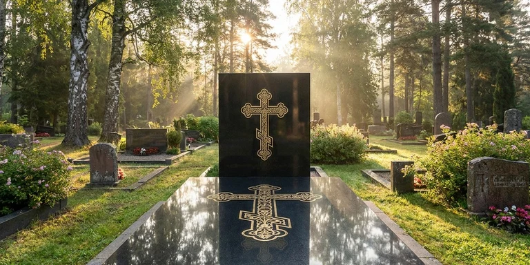 Гравировка креста на памятнике в Волгограде — православный восьмиконечный крест на граните