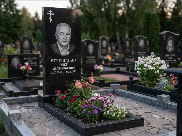 Памятник из чёрного гранита — горизонтальная плита-стела с православным восьмиконечным крестом, работа «Тихонов» в Волгограде