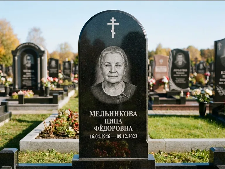 Памятник из чёрного гранита — стела с резным навершием с латинским крестом, работа «Савельева» в Волгограде